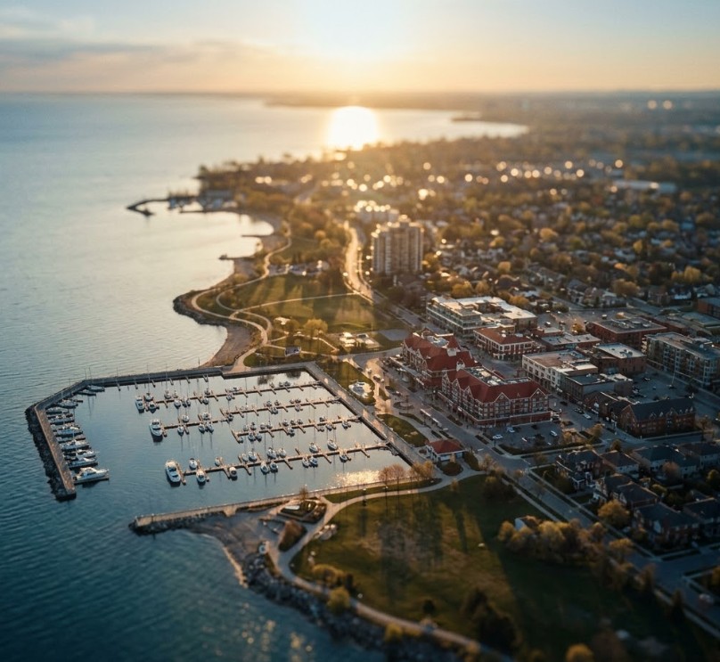 Aerial view of Oakville waterfront at sunset