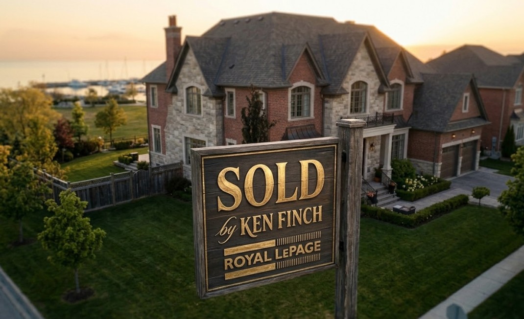 Beautiful Oakville home with SOLD by Ken Finch sign at golden hour, Royal LePage